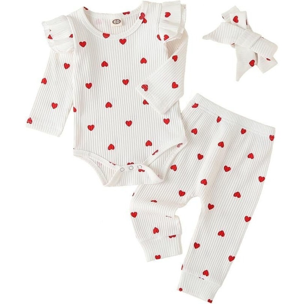 Baby Girl's 3pc Ribbed Frill Long Sleeve Romper & Pant Set - Red Hearts - 6/9 MO